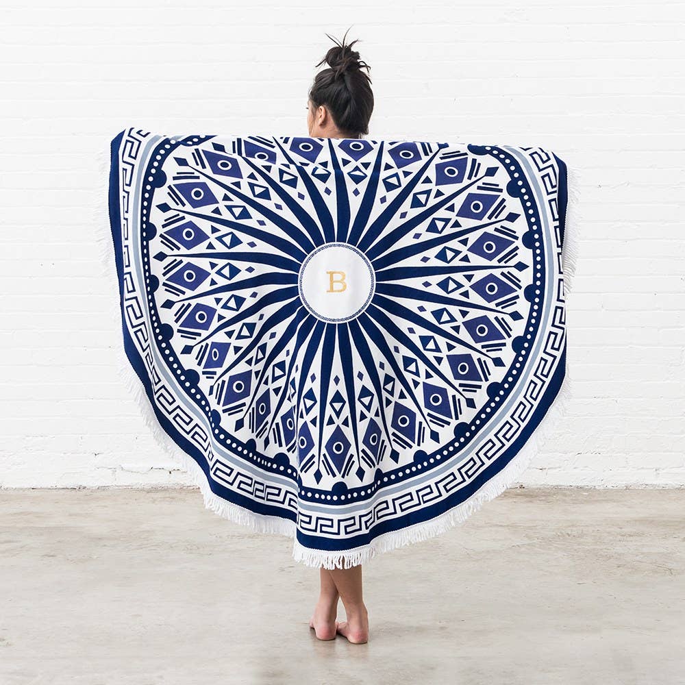 Round Beach Towel - Blue and White Mandala Pattern