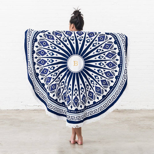 Round Beach Towel - Blue and White Mandala Pattern