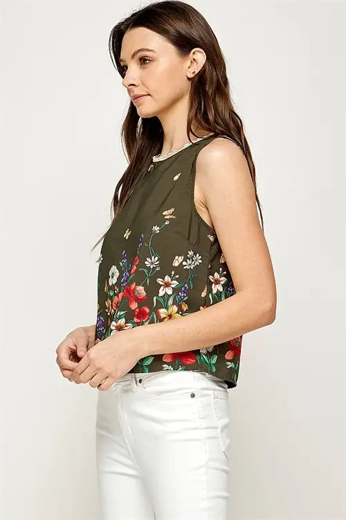 Floral Pompom Detail Neckline Sleeveless Top