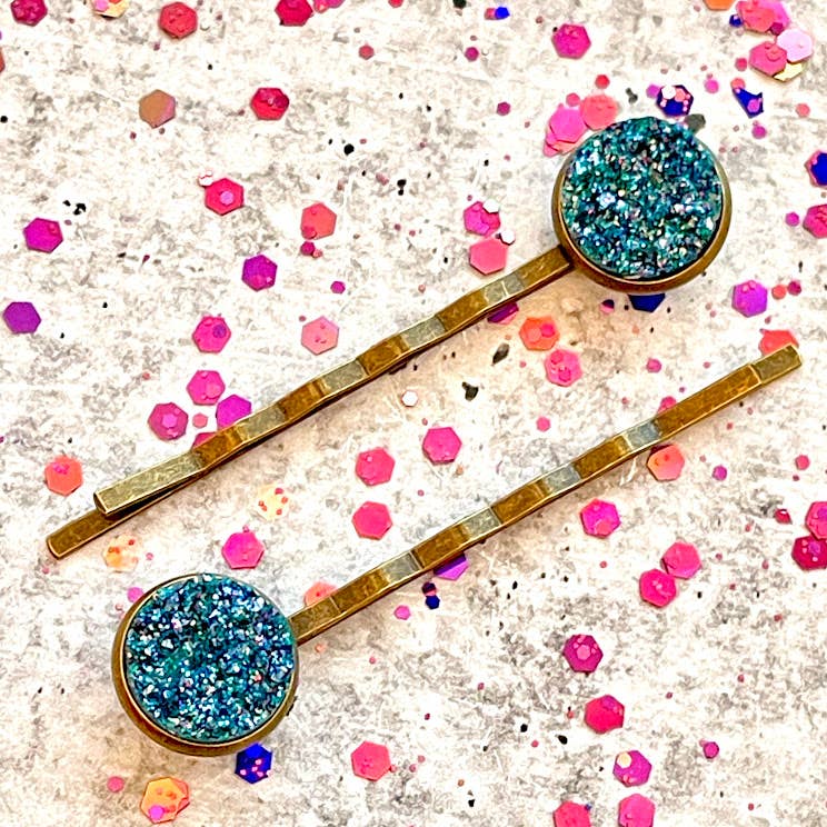 Teal Glitter Druzy Bobby Pins