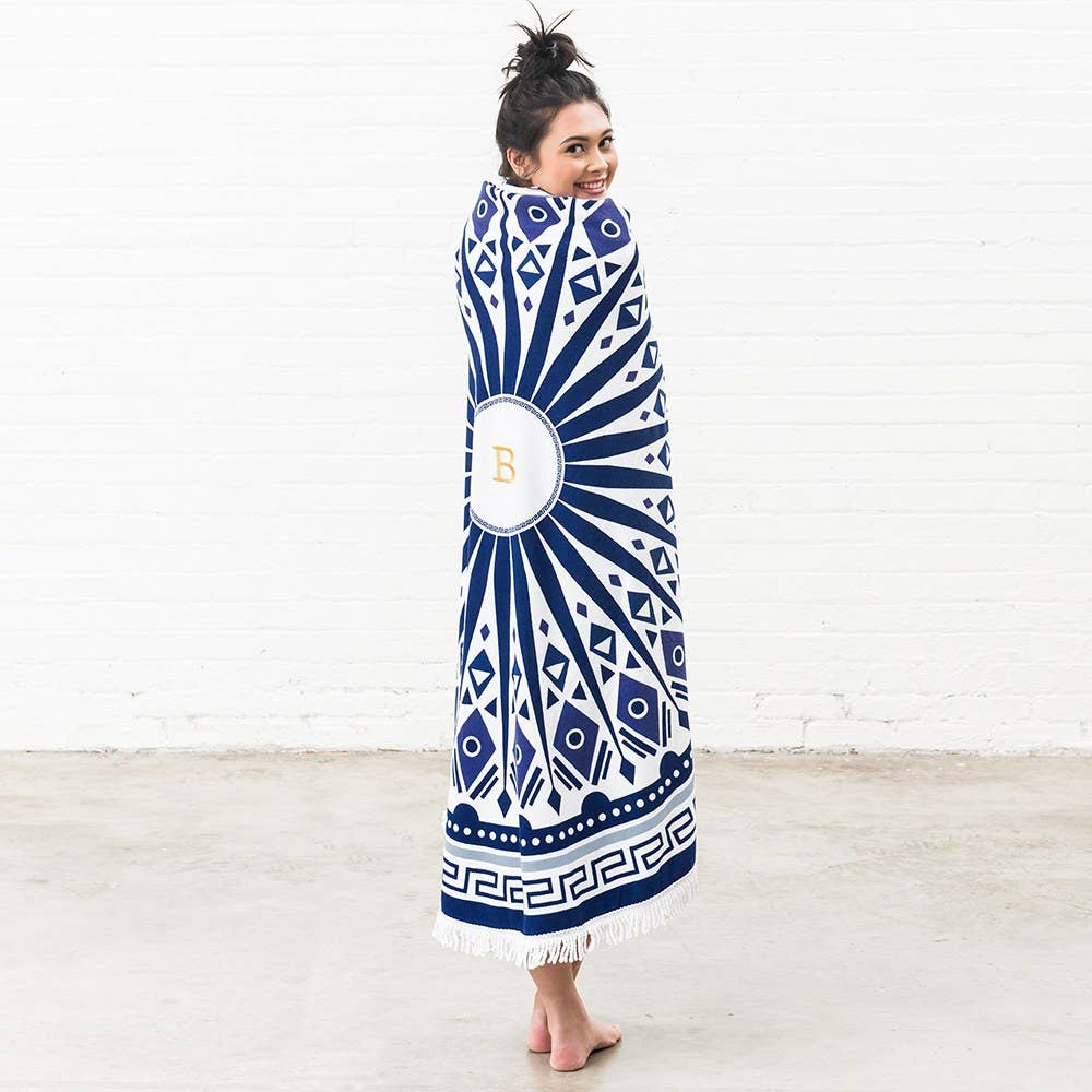 Round Beach Towel - Blue and White Mandala Pattern