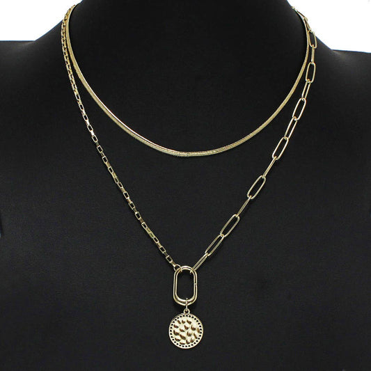 Hammered Round Charm Double Layered Necklace