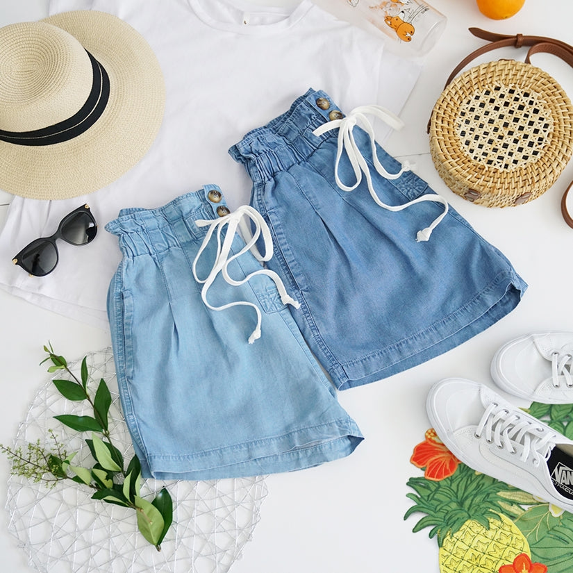 Chambray Drawstring Waist Shorts With Pockets