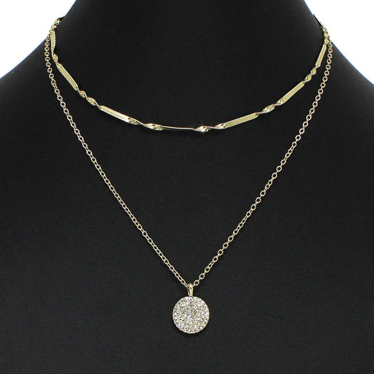 Round Crystal Rhinestone Charm Double Layered Necklace