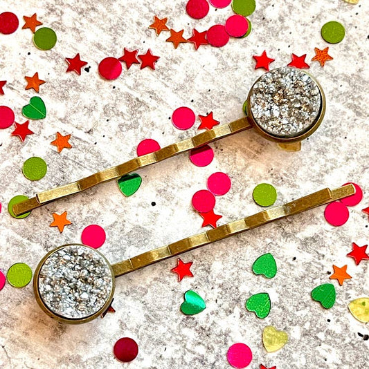 Silver Glitter Druzy Bobby Pins