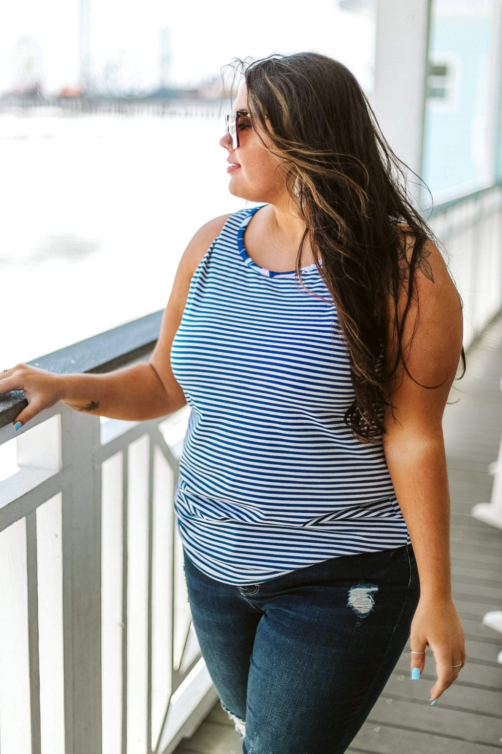 Navy Pleated Back Tank Top