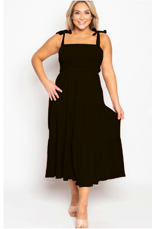 Curvy Tie Shoulder Smocked Maxi Dress