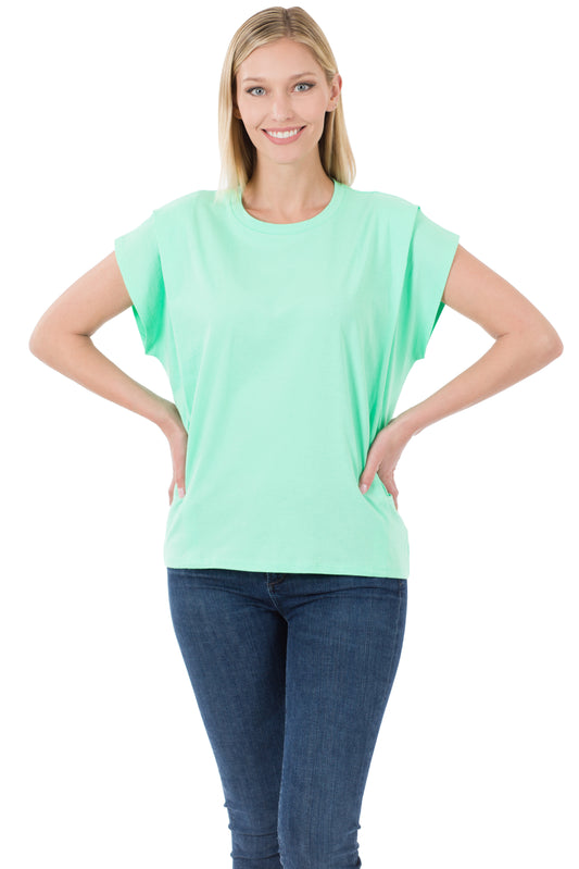 Mint Cotton Round Neck Pleated Shoulder Top