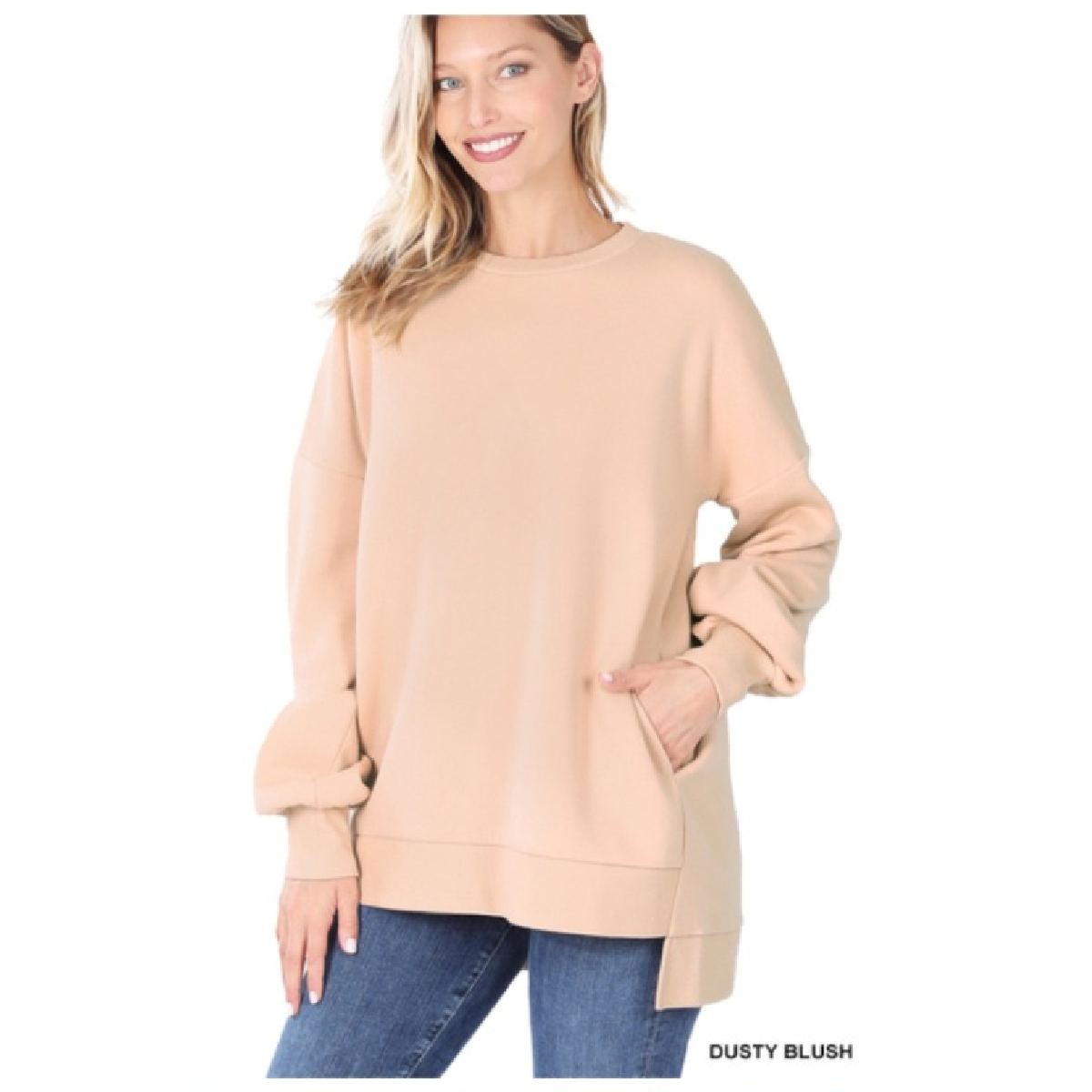 Dusty Rose Hi-Low Hem Sweatshirt with Pockets.