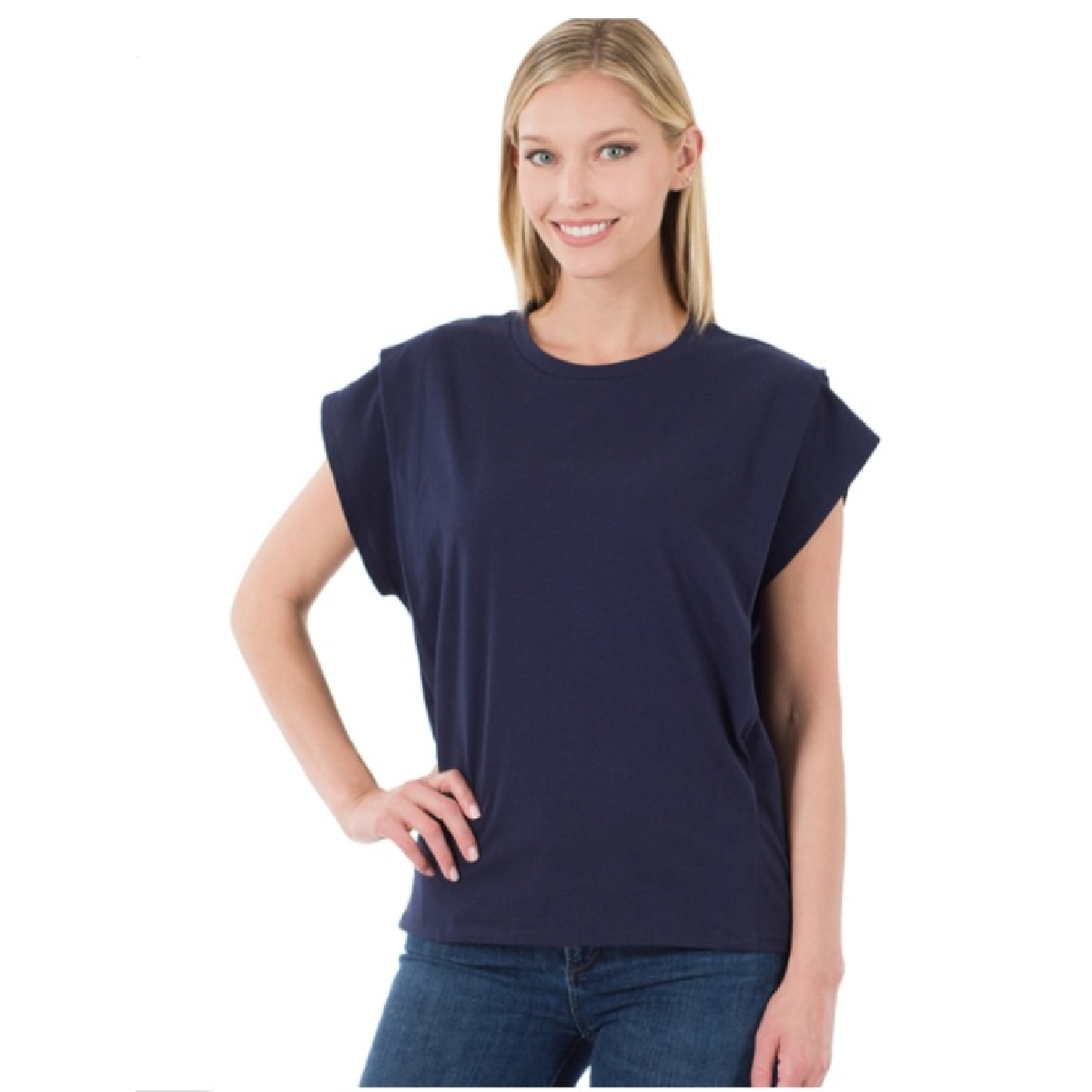 Round Neck Pleated Shoulder Top