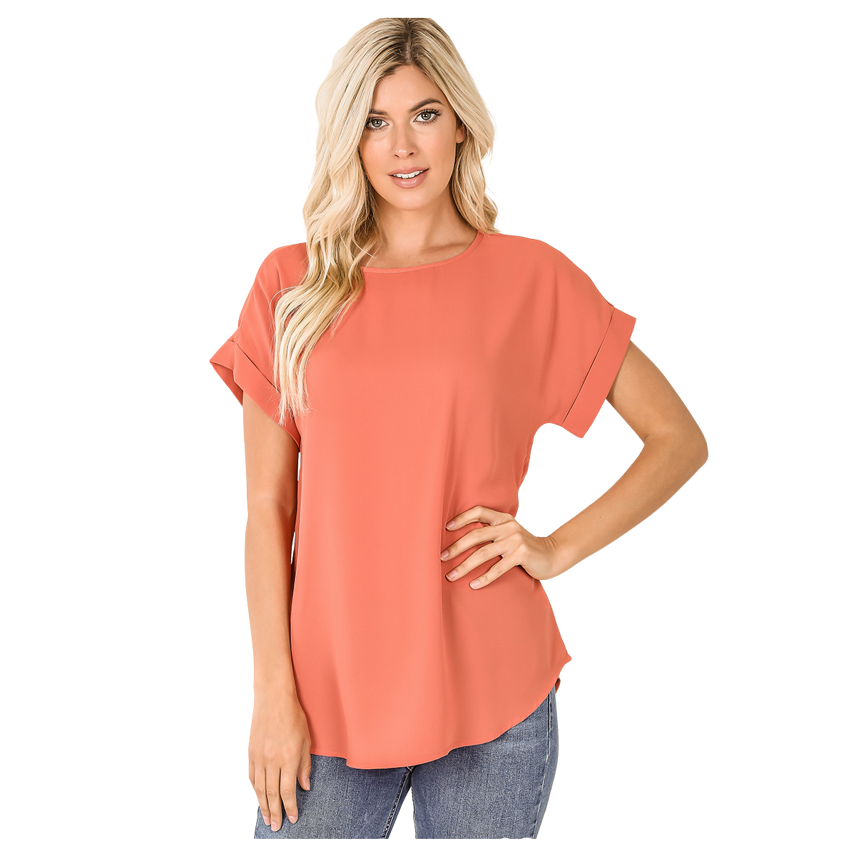 Ash Copper Rolled Sleeve Boat Neck Top