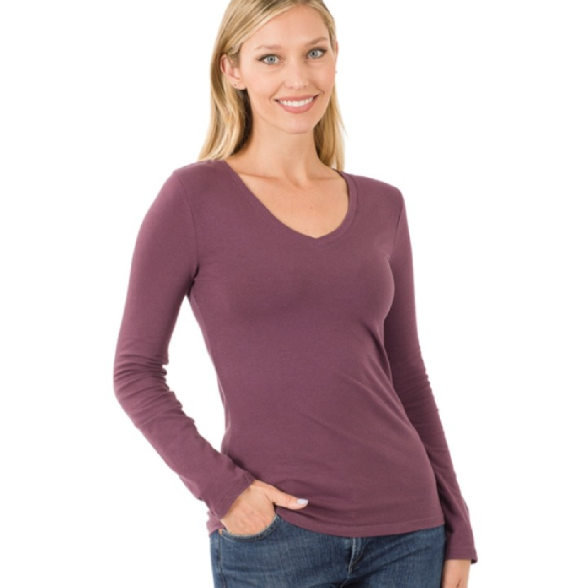 Eggplant V Neck Long Sleeve Top