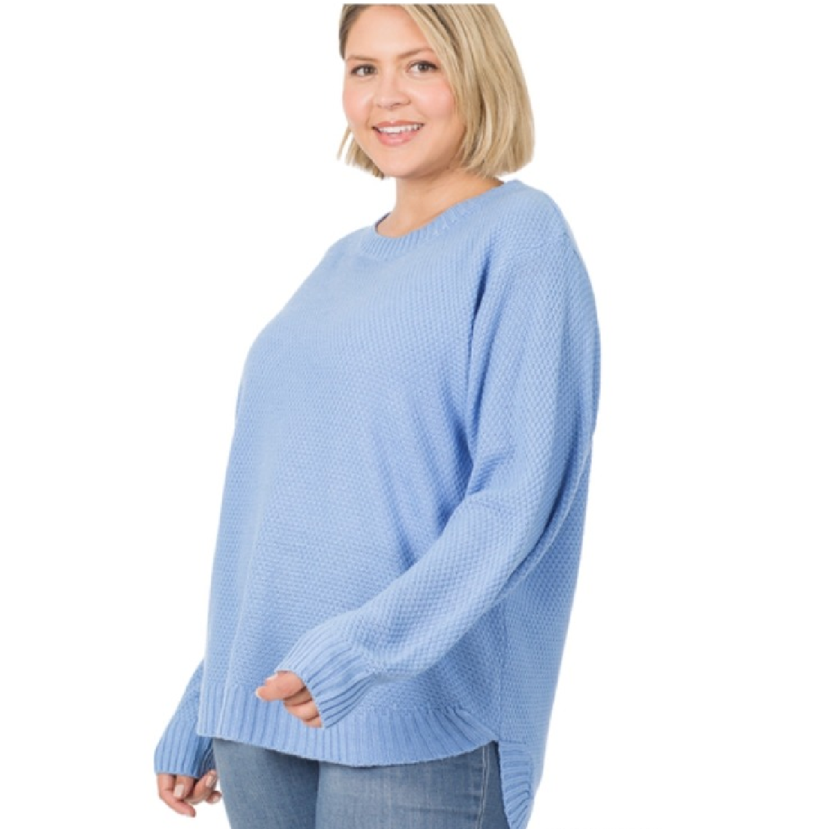 HI-LOW LONG SLEEVE ROUND NECK SWEATER