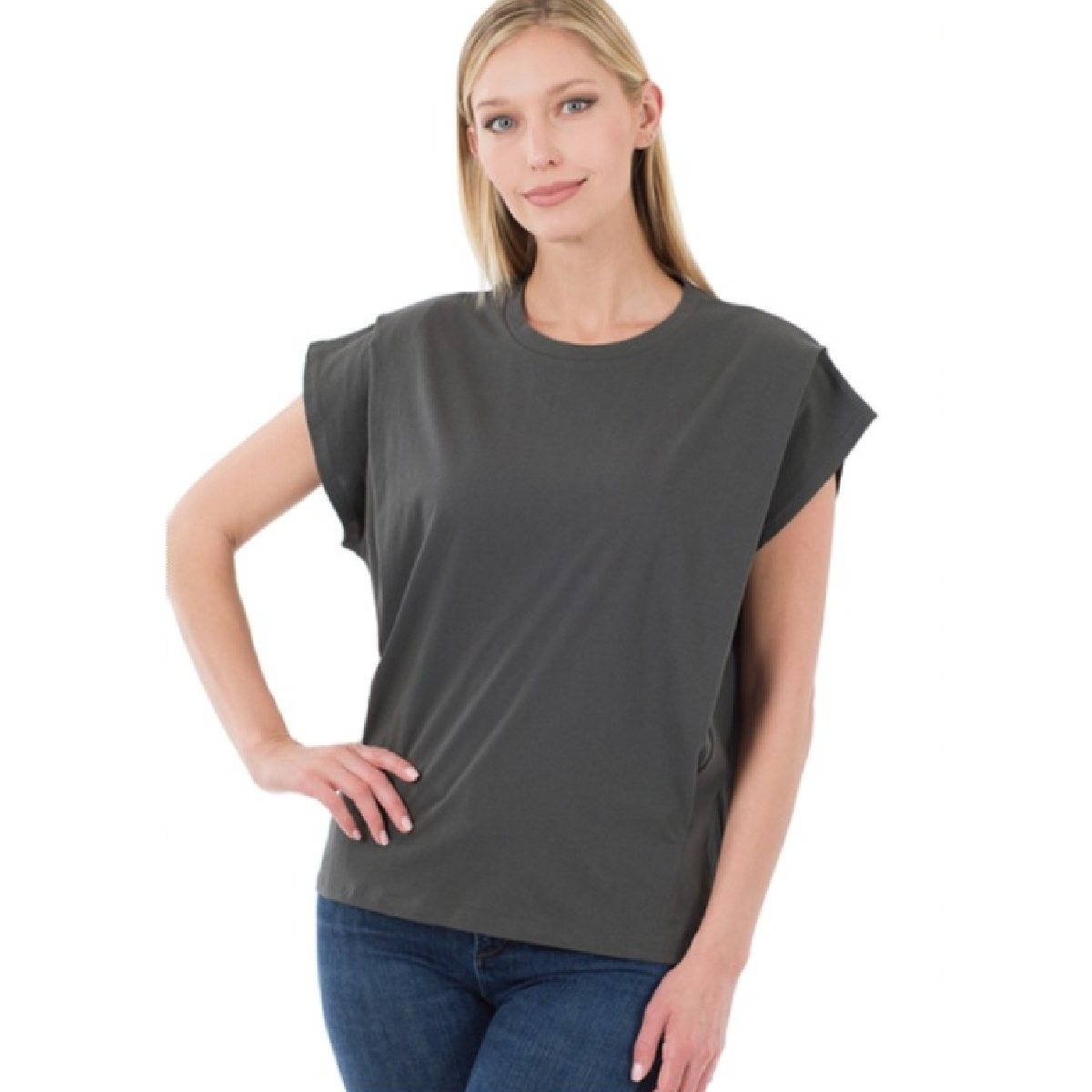 Round Neck Pleated Shoulder Top