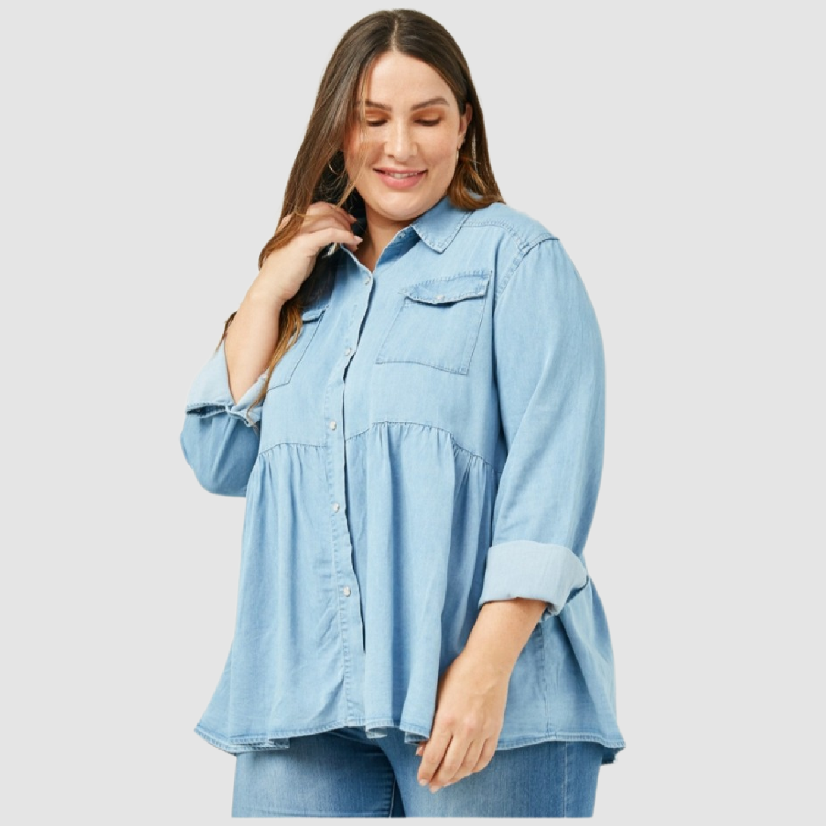 Curvy Chambray Button-Down Peplum Shirt