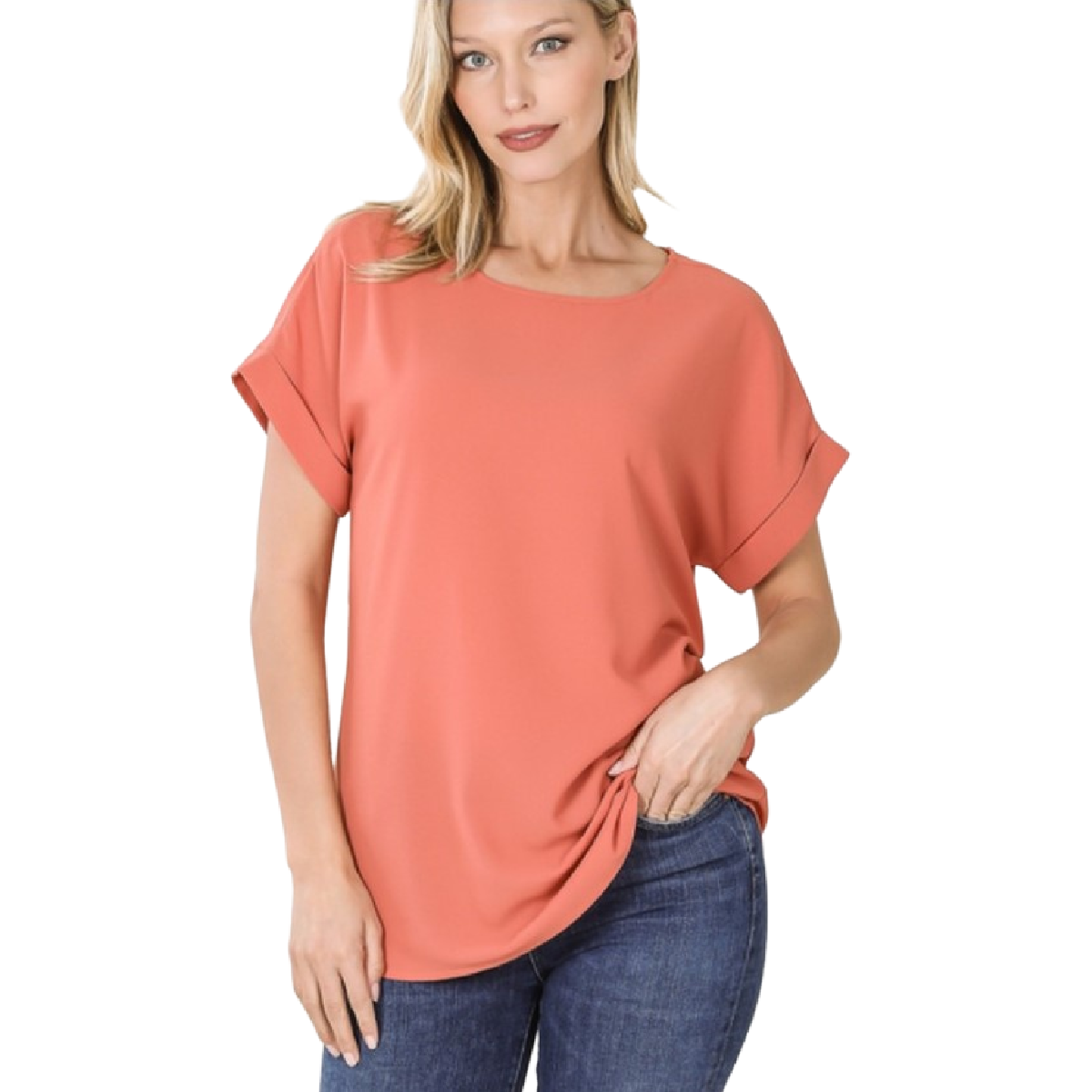 Ash Copper Rolled Sleeve Boat Neck Top