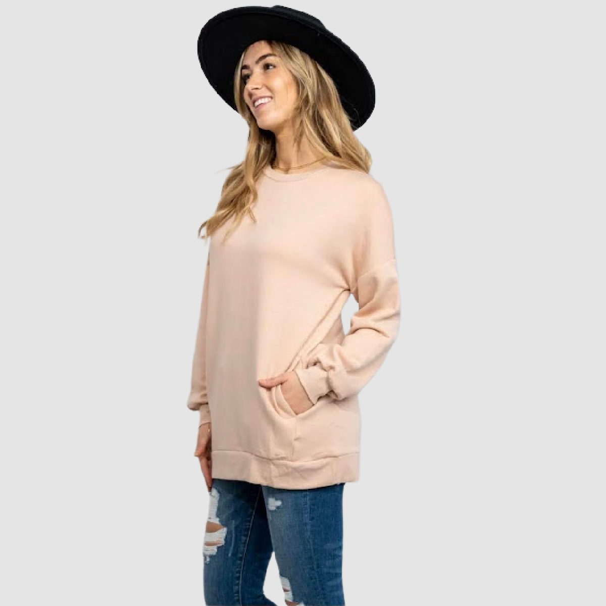 Dusty Rose Hi-Low Hem Sweatshirt with Pockets.