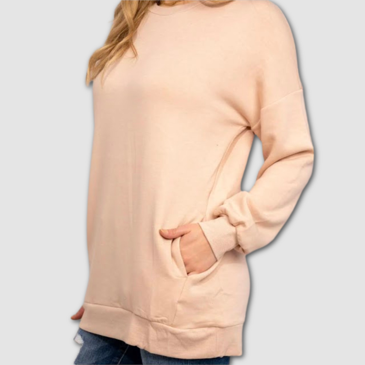 Dusty Rose Hi-Low Hem Sweatshirt with Pockets.