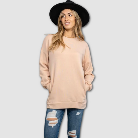 Dusty Rose Hi-Low Hem Sweatshirt with Pockets.