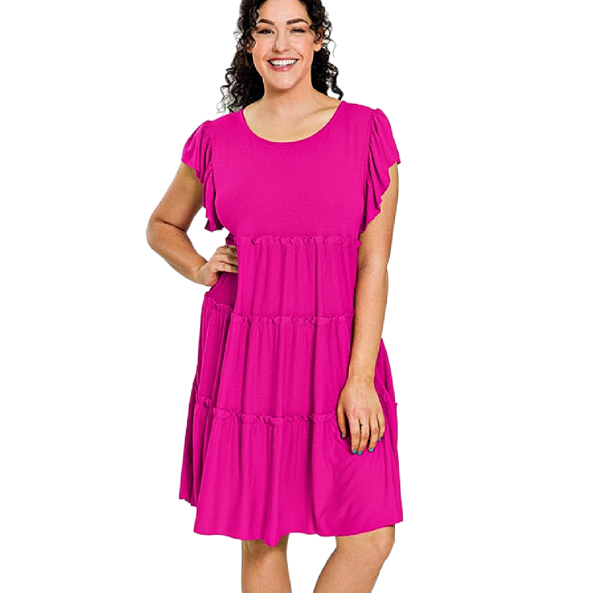 Curvy Magenta Ruffle Sleeve Tiered Dress