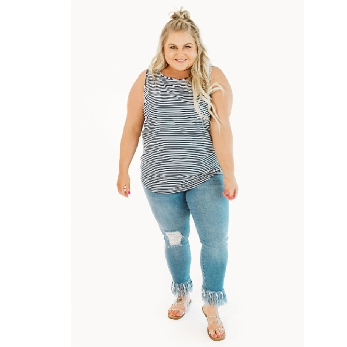 Navy Pleated Back Tank Top