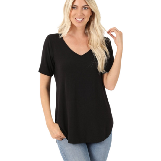 Curvy Short Sleeve V Neck Hi-Low Hem Top