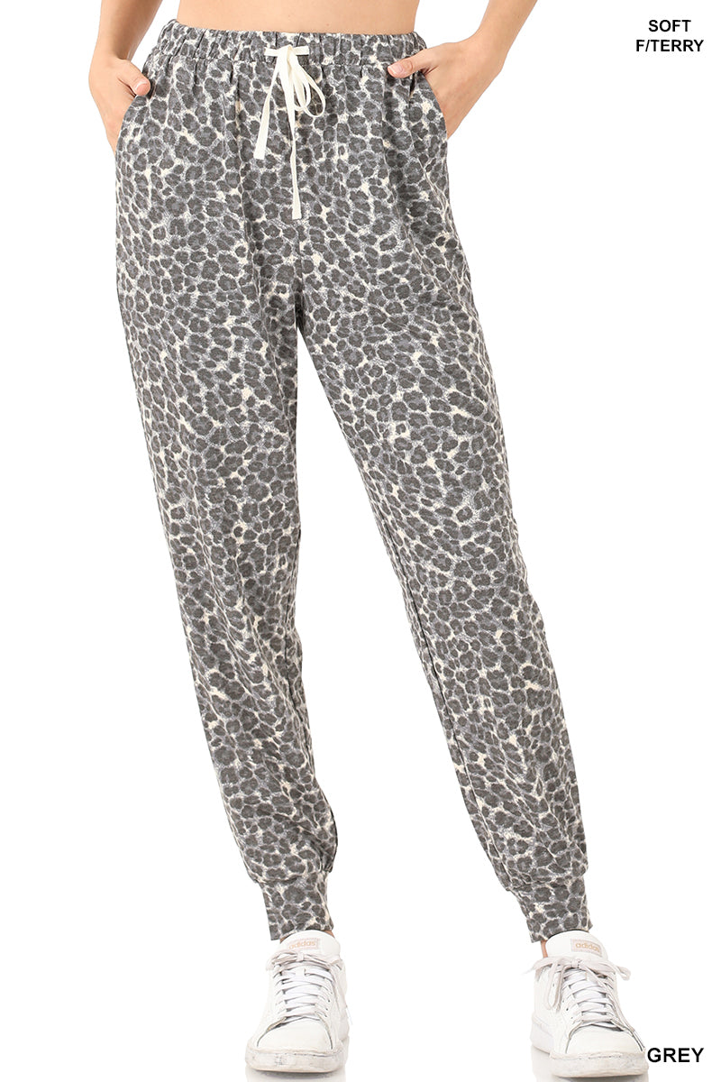 French Terry Olive Leopard Print Joggers