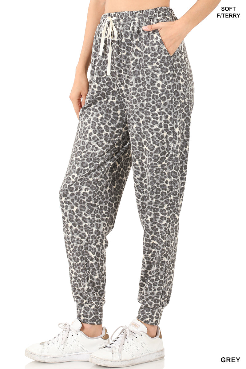 French Terry Olive Leopard Print Joggers