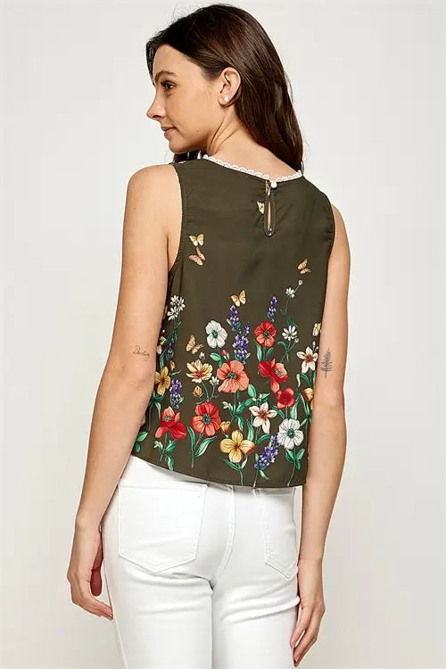 Floral Pompom Detail Neckline Sleeveless Top