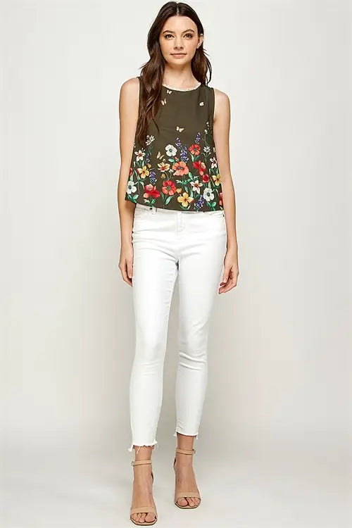 Floral Pompom Detail Neckline Sleeveless Top