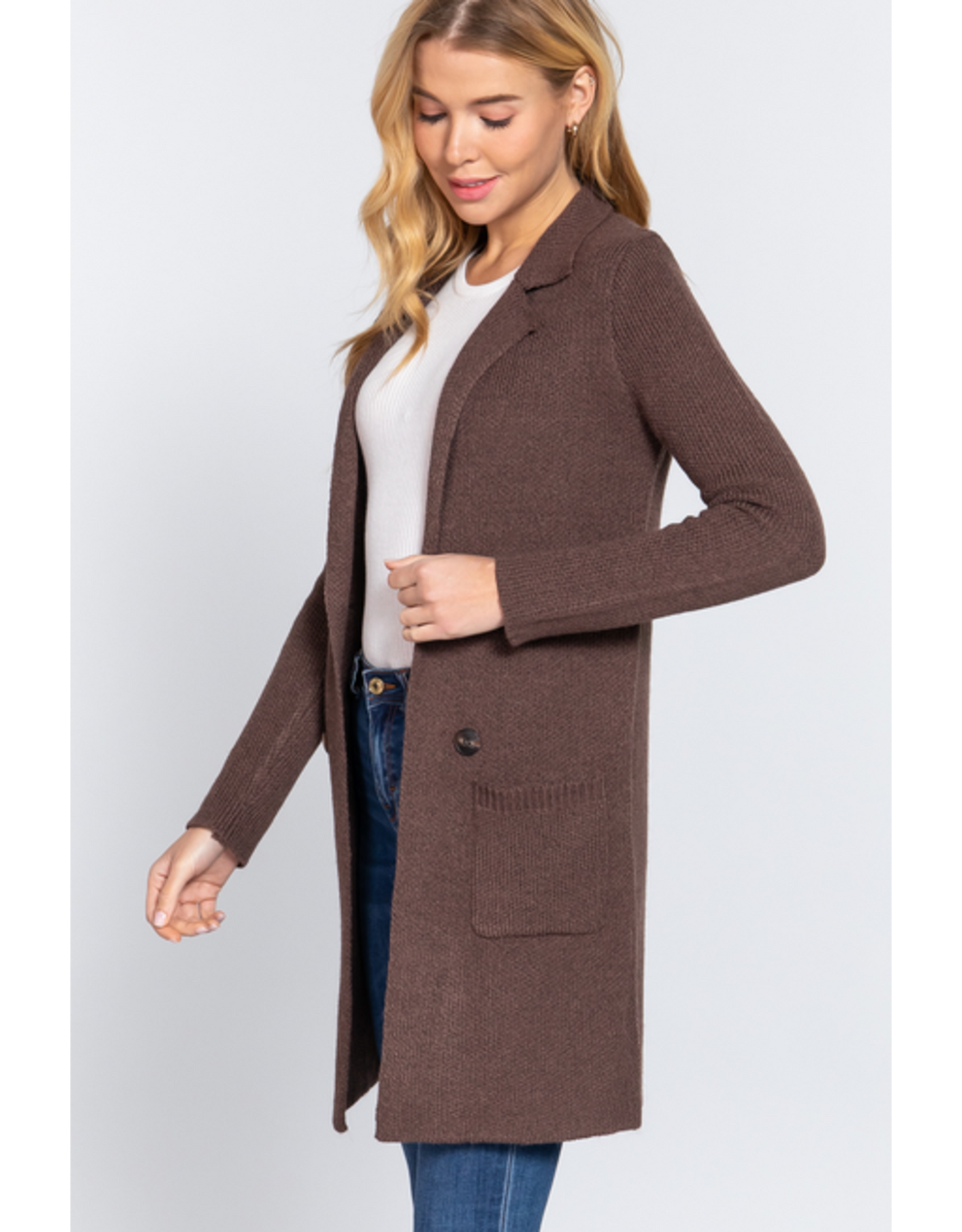 Notched Collar Sweater Coat With Pockets