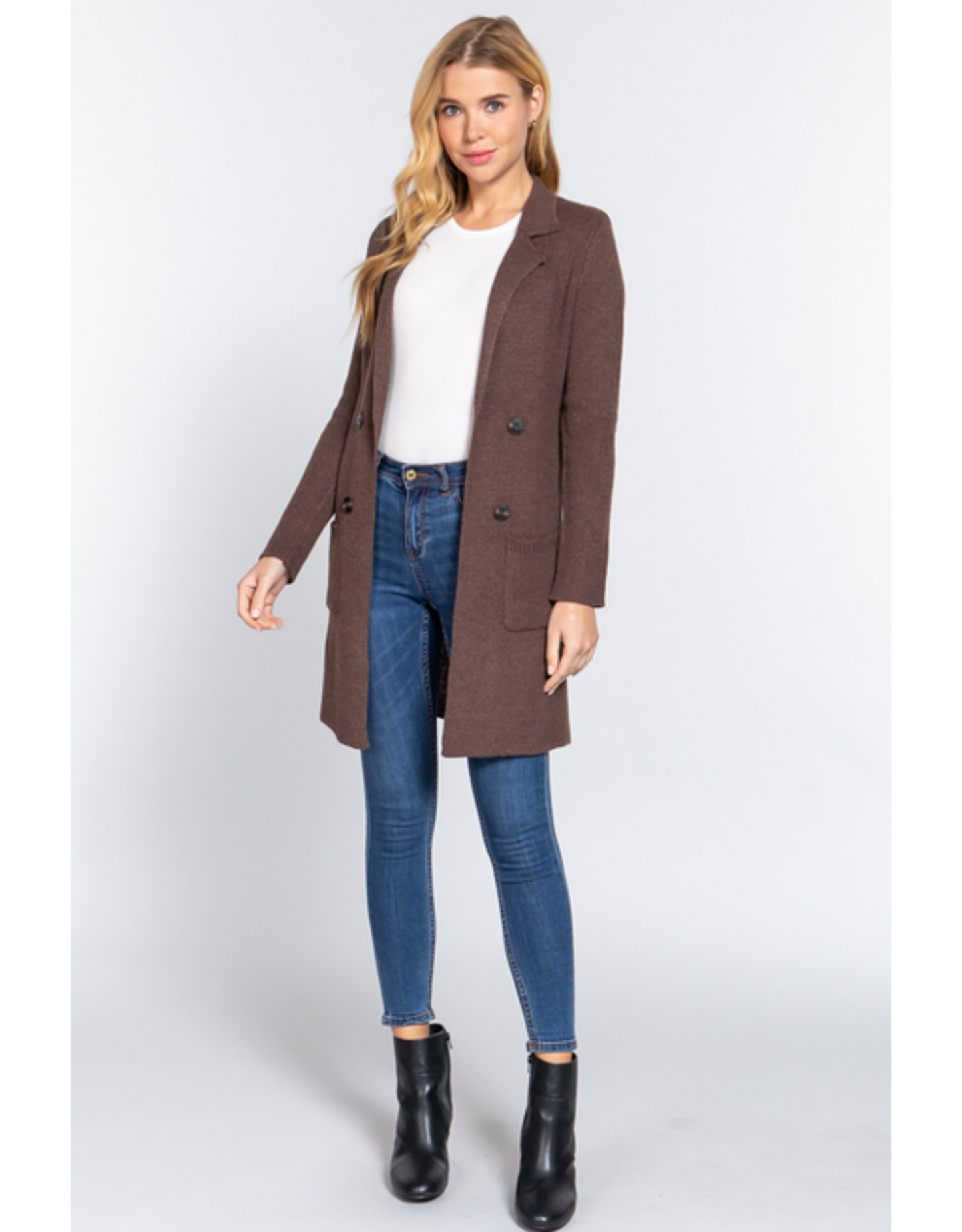 Notched Collar Sweater Coat With Pockets