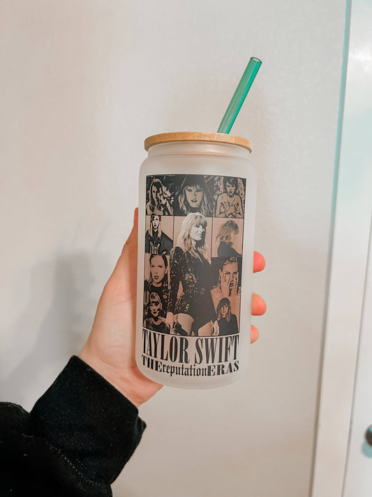 The Reputation Era Glass Can with lid and straw