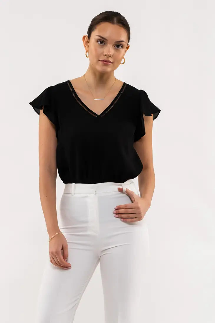 Line Lace V Neck Woven Top