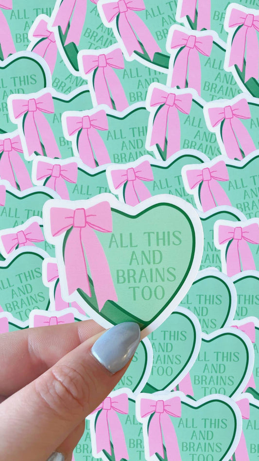 All this and brains too waterproof sticker|heart and bows: Green
