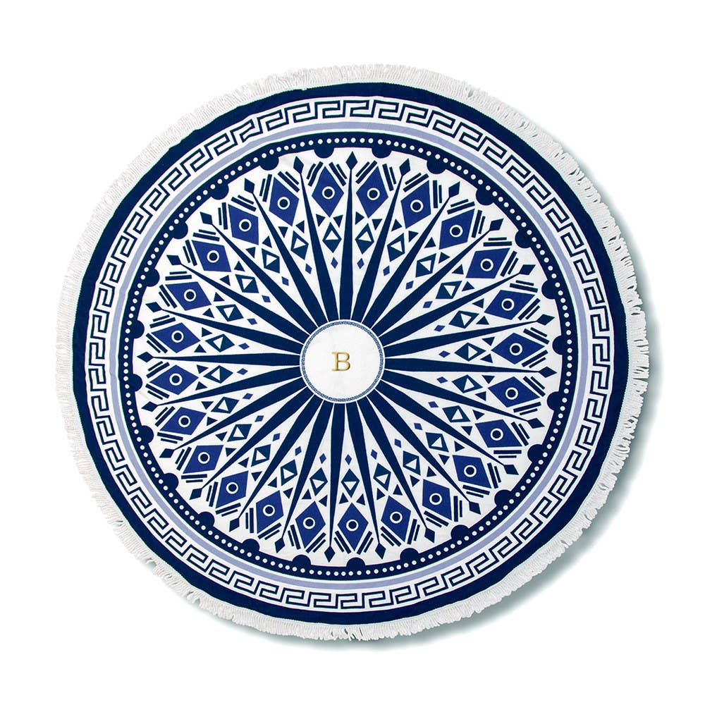 Round Beach Towel - Blue and White Mandala Pattern