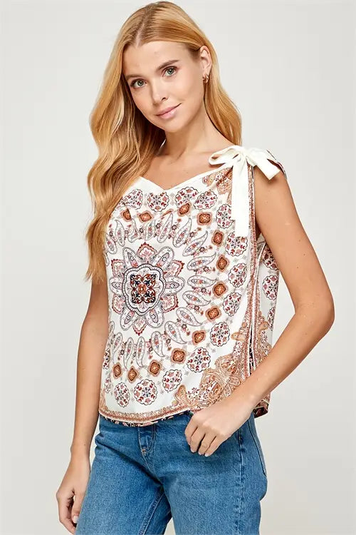 Paisley Print Ribbon Shoulder Top