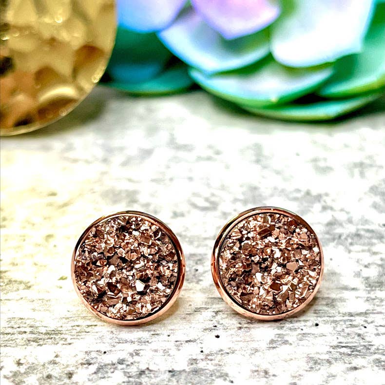 Rose Gold Druzy Earrings 12mm