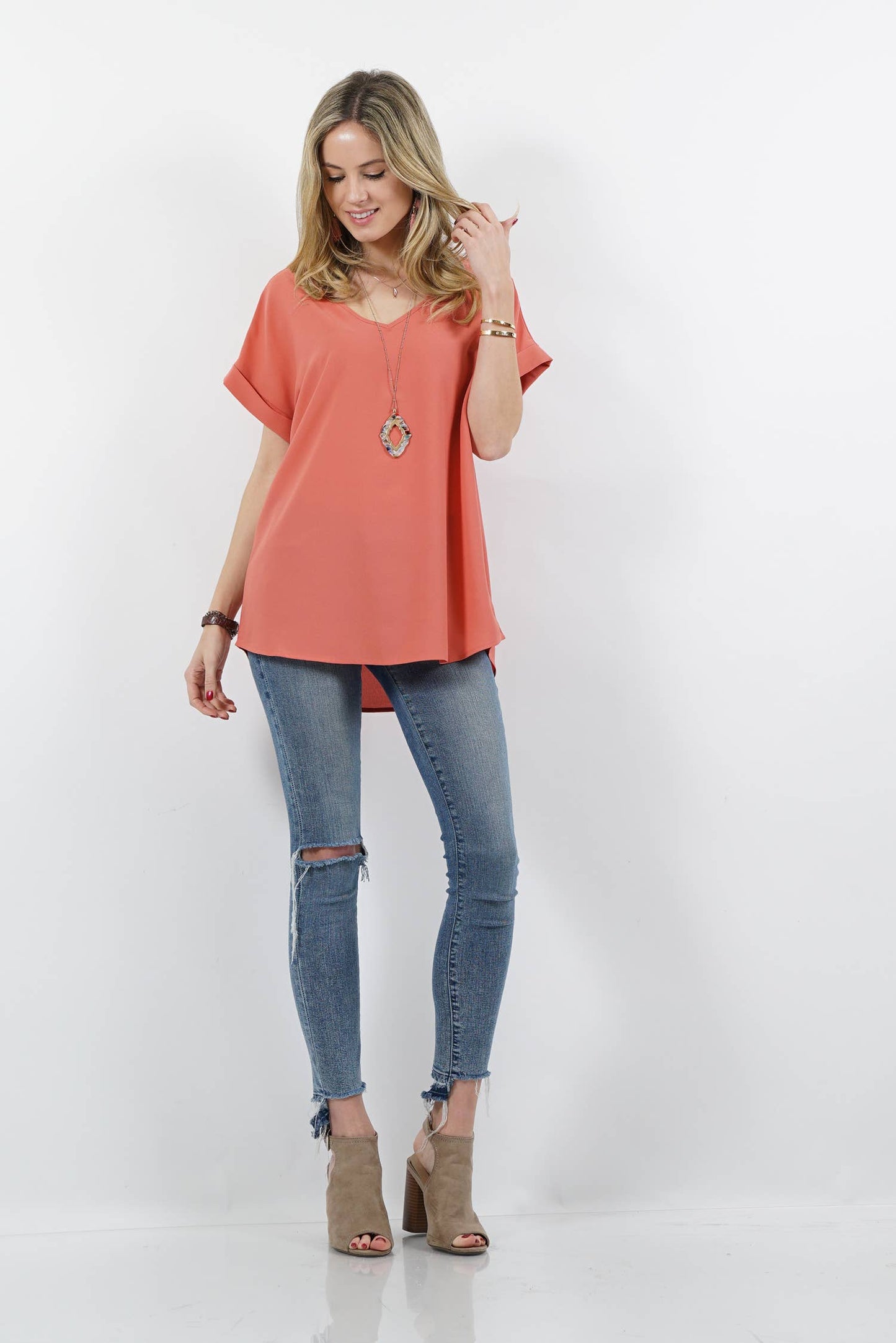 Ash Copper Rolled Sleeve Boat Neck Top