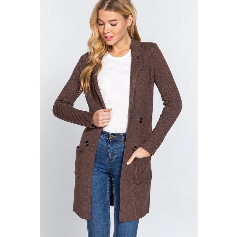 Notched Collar Sweater Coat With Pockets