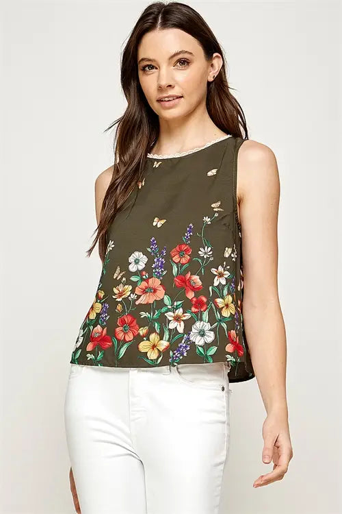 Floral Pompom Detail Neckline Sleeveless Top