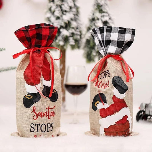 SANTA STOPS HERE WINE BOTTLE COVER